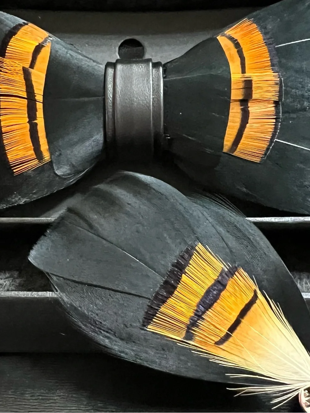 Black and Orange Feathered Bow Tie and Lapel Pin
